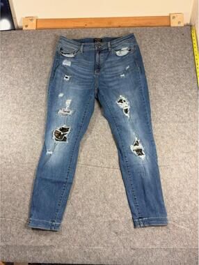 Judy Blue Skinny Fit Leopard Lined Jeans Womens Distressed Stretch Denim 1XL